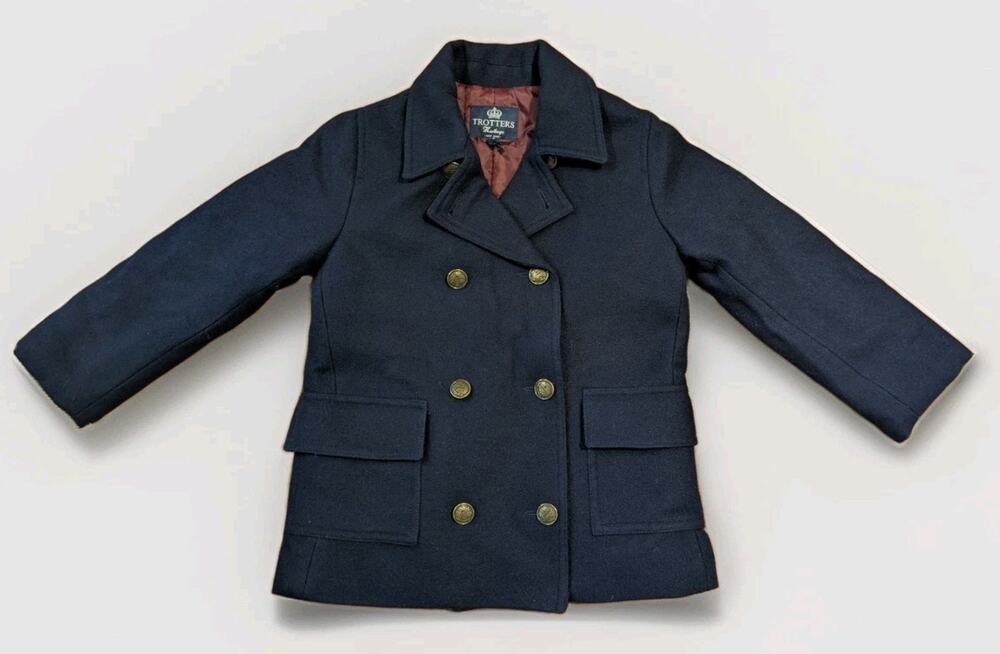 Trotters Heritage Kids 4Y Navy 100% Wool Peacoat Double Breasted England